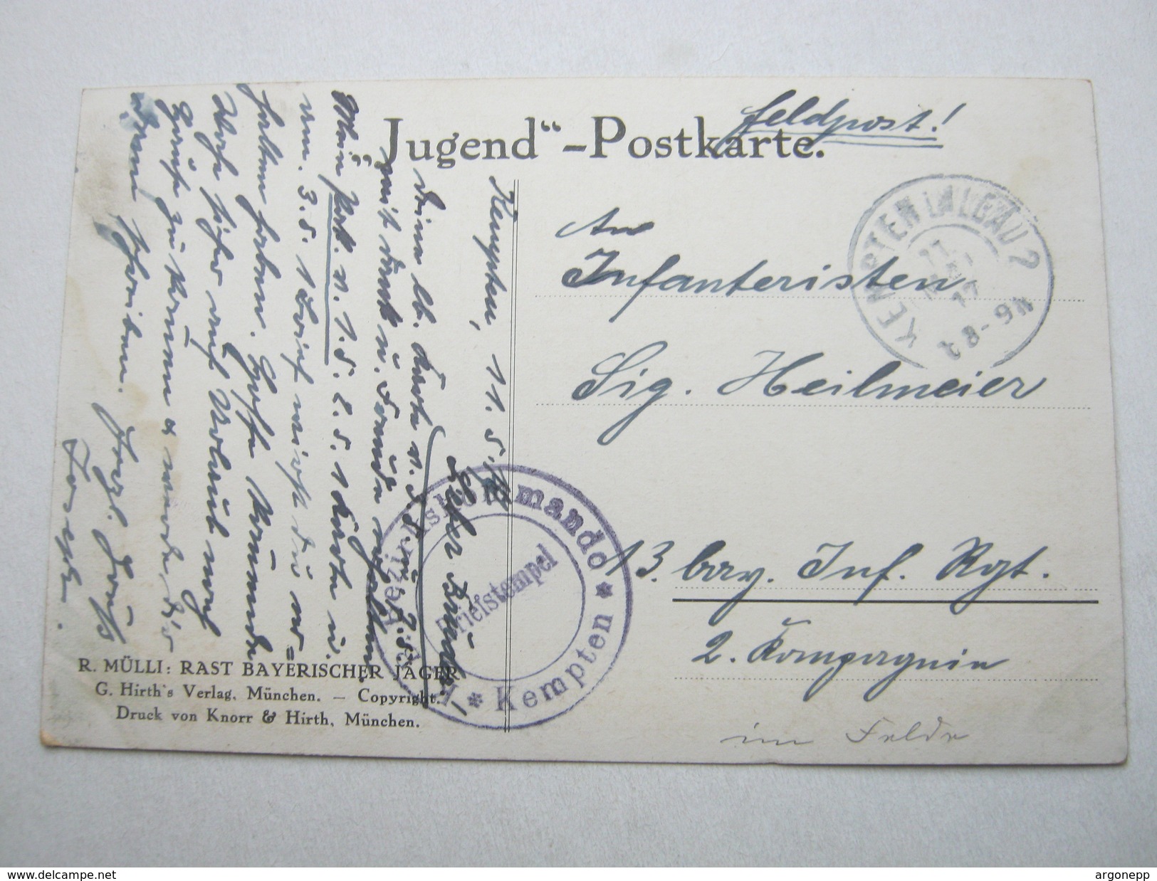 1917 , KEMPTEN , Klarer Stempel Auf Karte Mit Truppensiegel - Feldpost (franchise)