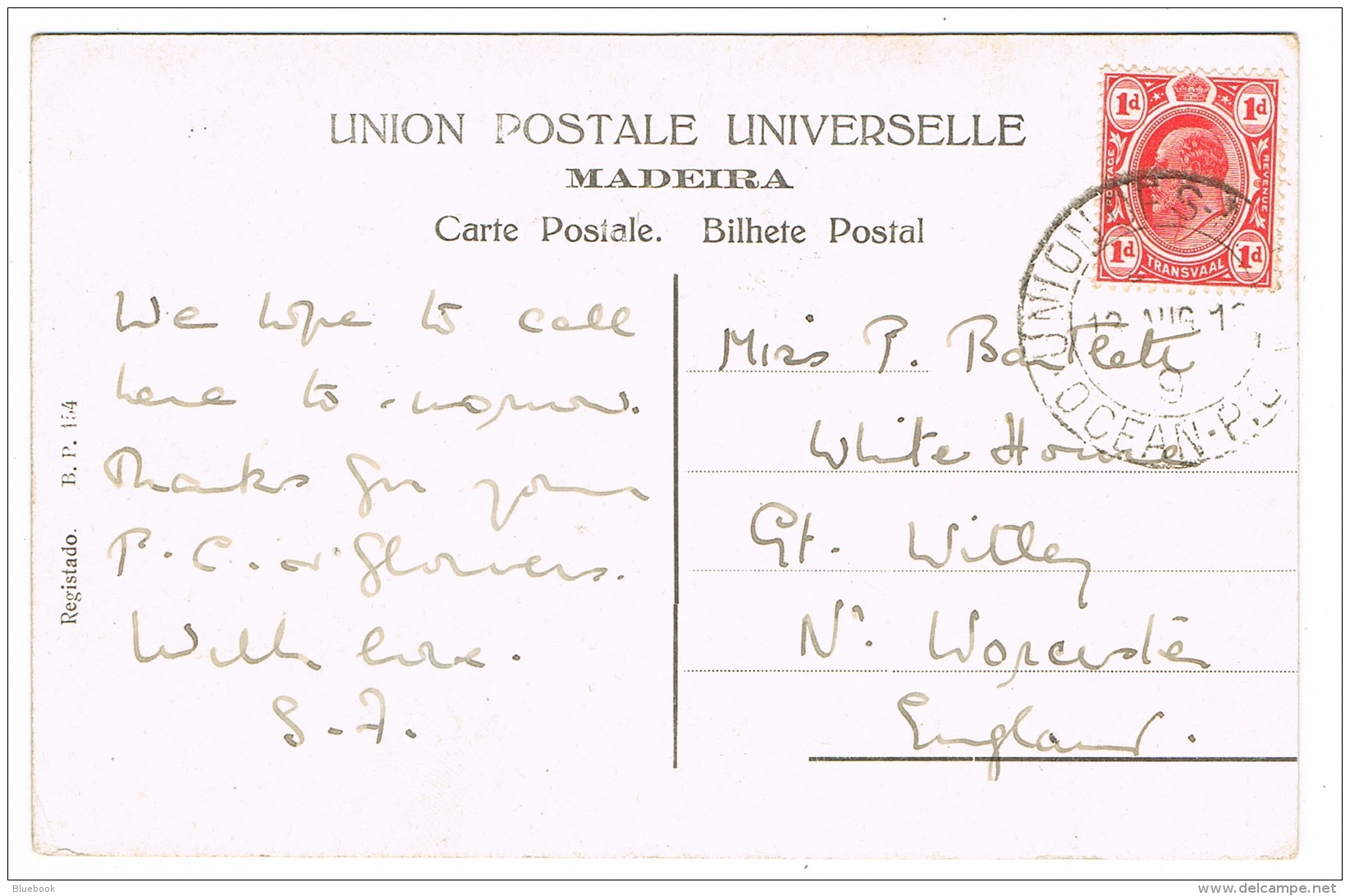 RB 1170 -  1912 Madeira Postcard - Transvaal Stamp - Scarce - Union Of South Africa Ocean Post Postmark - Covers & Documents