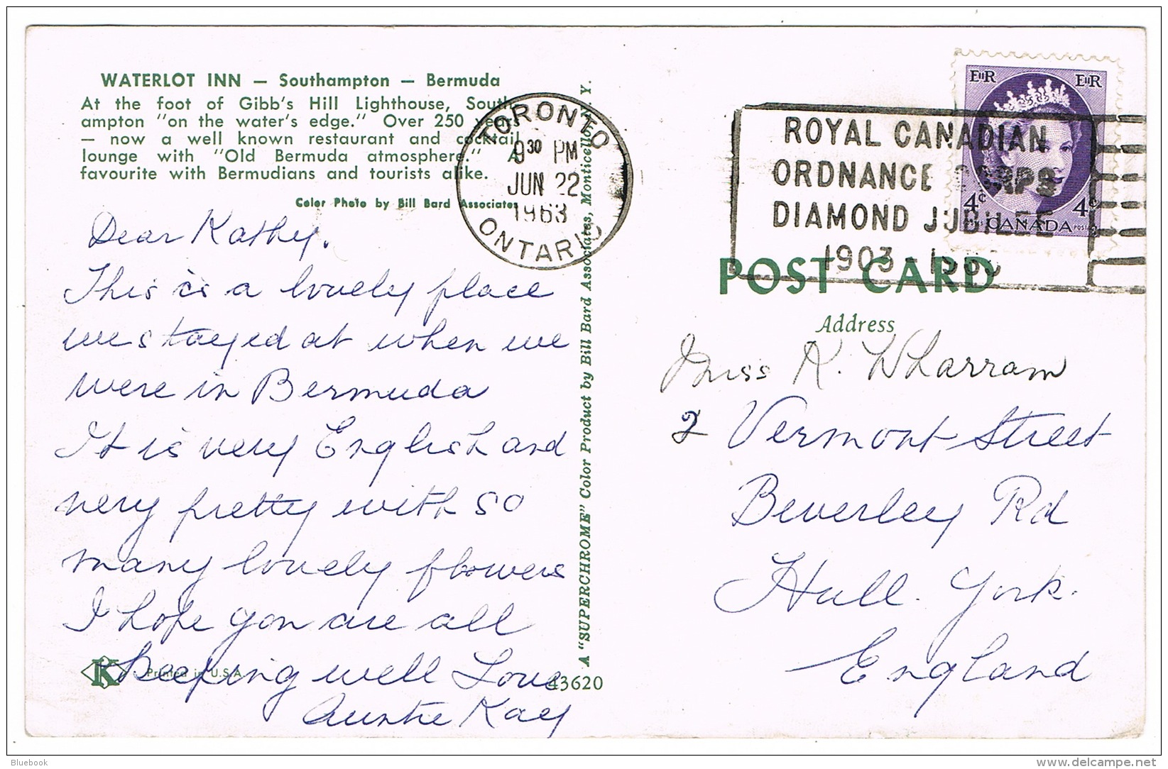 RB 1171 - 1963 Bermuda Postcard - Royal Canada Ordnance Corps Diamond Jubilee Slogan - Lettres & Documents