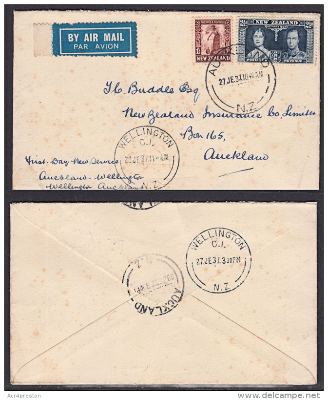 H0080 NEW ZEALAND 1937, FFC New Auckland - Wellington Return Air Service - Storia Postale