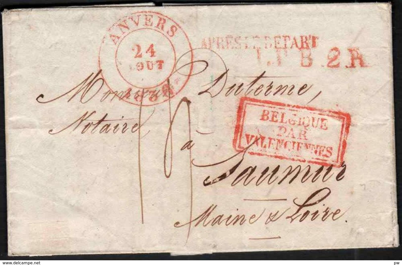 FRANCE ENTREE 1836 Griffe 'BELGIQUE/PAR/VALENCIENNES' Rouge, Lettre D'Anvers à Saumur. - Marques D'entrées