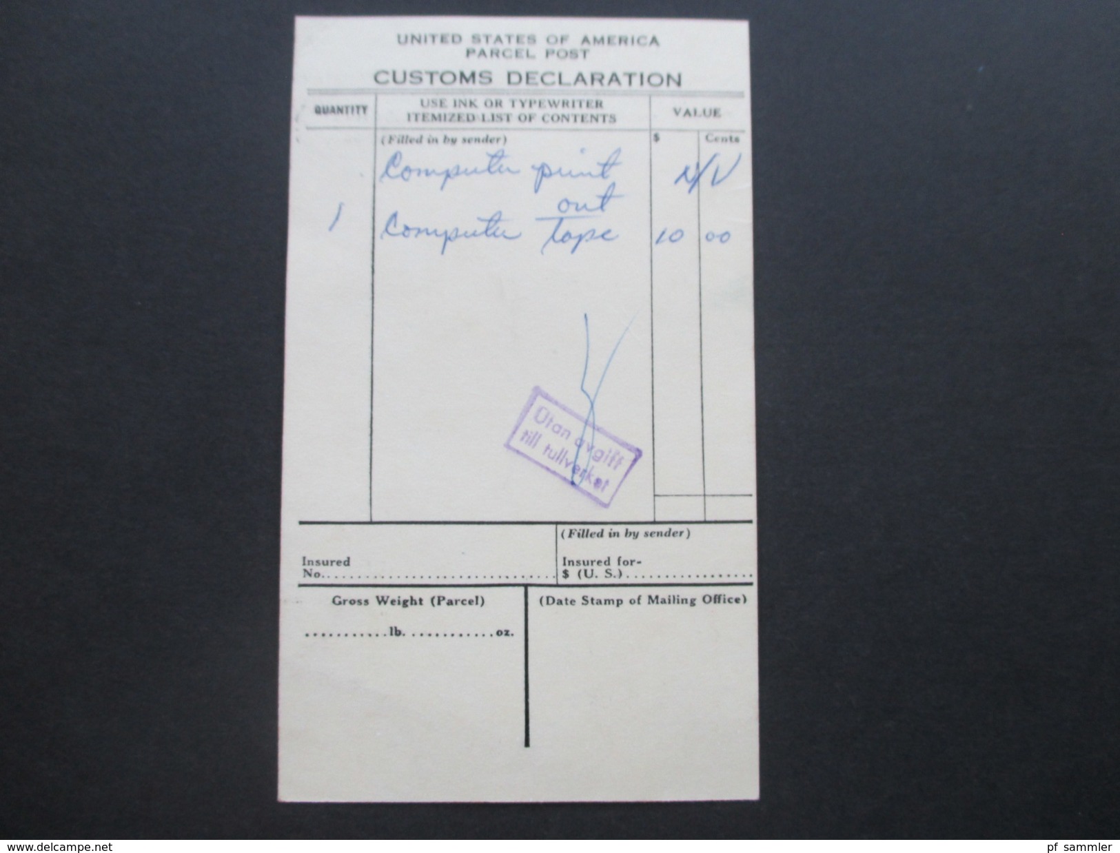 Schweden 1972 Flugpost / Par Avion Lösen 400 Öre. USA Parcel Post Customs Declaration - Briefe U. Dokumente