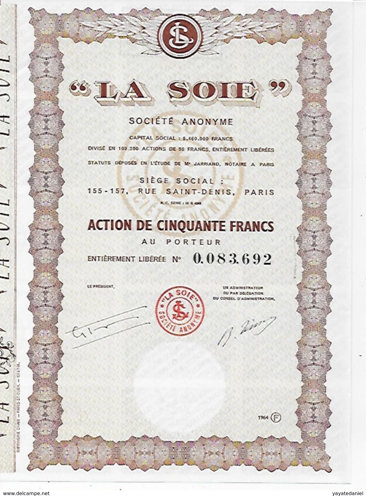 TITRE De COLLECTION  LA SOIE  Action 50 F - S - V