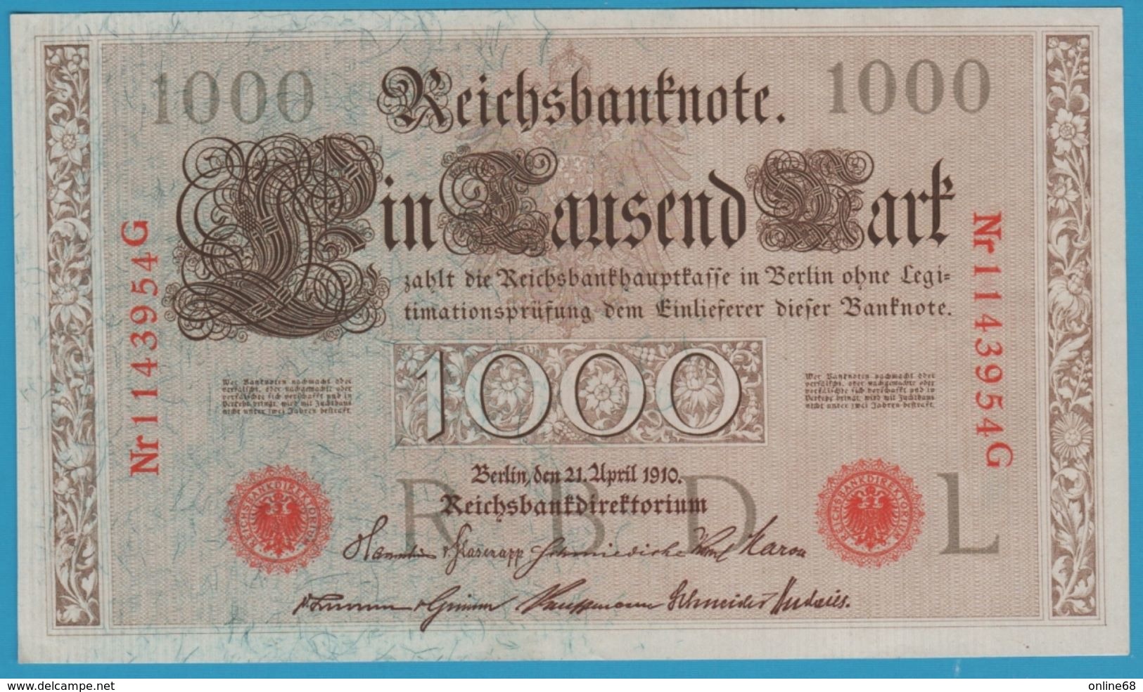 DEUTSCHES REICH 1000 MARK 21.4.1910 SERIE 1143954G P#44b  AUNC - 1000 Mark