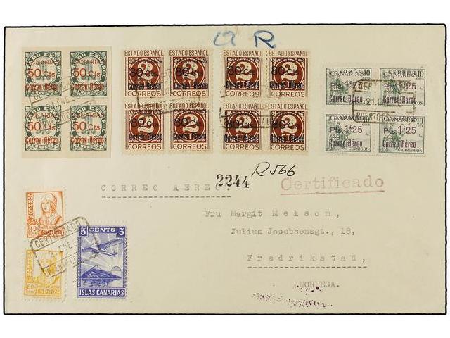 1094 ESPAÑA: CANARIAS. Ed.37/39 (4) + 38 (4). 1938. PUERTO DE LA LUZ A NORUEGA. Espectacular Franqueo En Carta Circulada - Autres & Non Classés