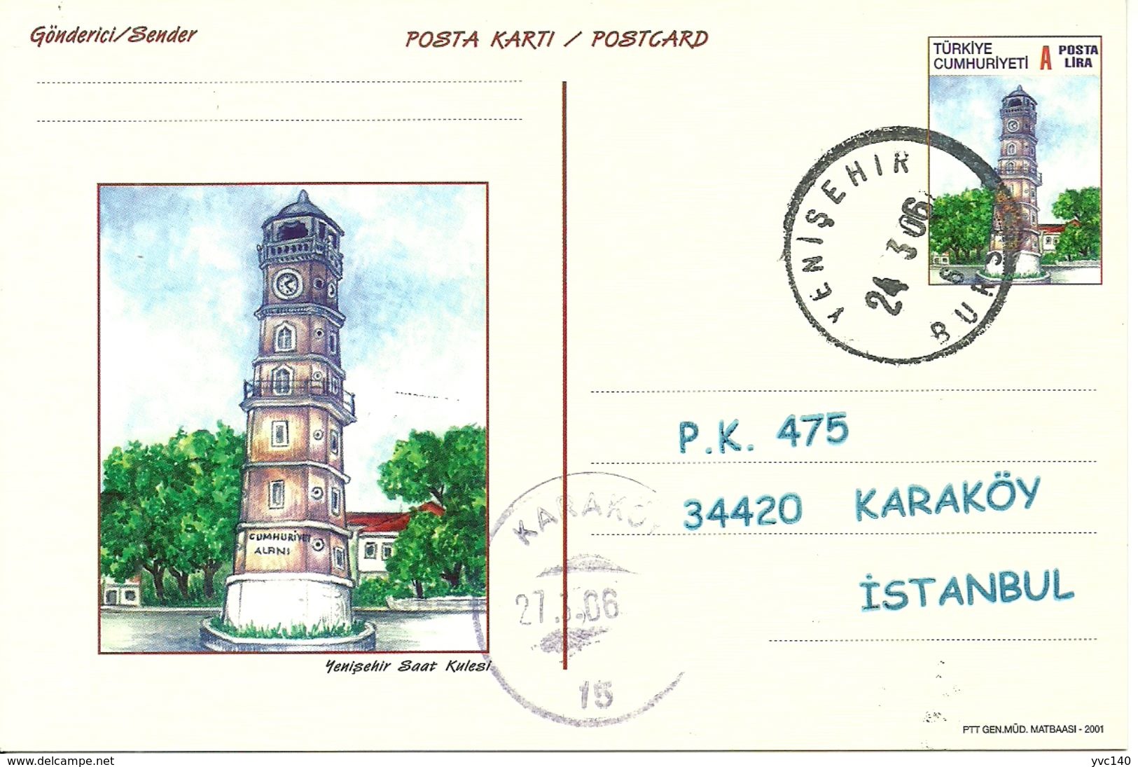 Turkey ; 2001 Postal Stationery "Clock Towers" - Entiers Postaux