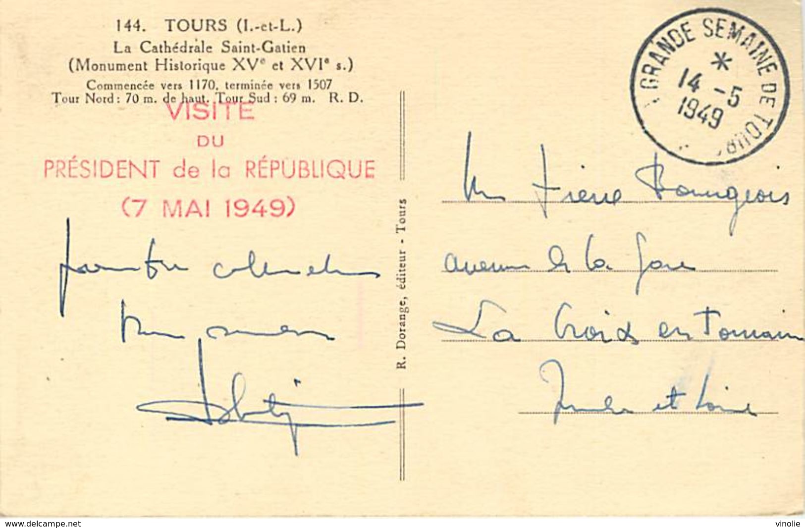 A-17.9505 : CARTE TOURS INDRE ET LOIRE CACHET TEMPORAIRE LA GRANDE SEMAINE DE TOURS 14 MAI 1949 - Brieven En Documenten