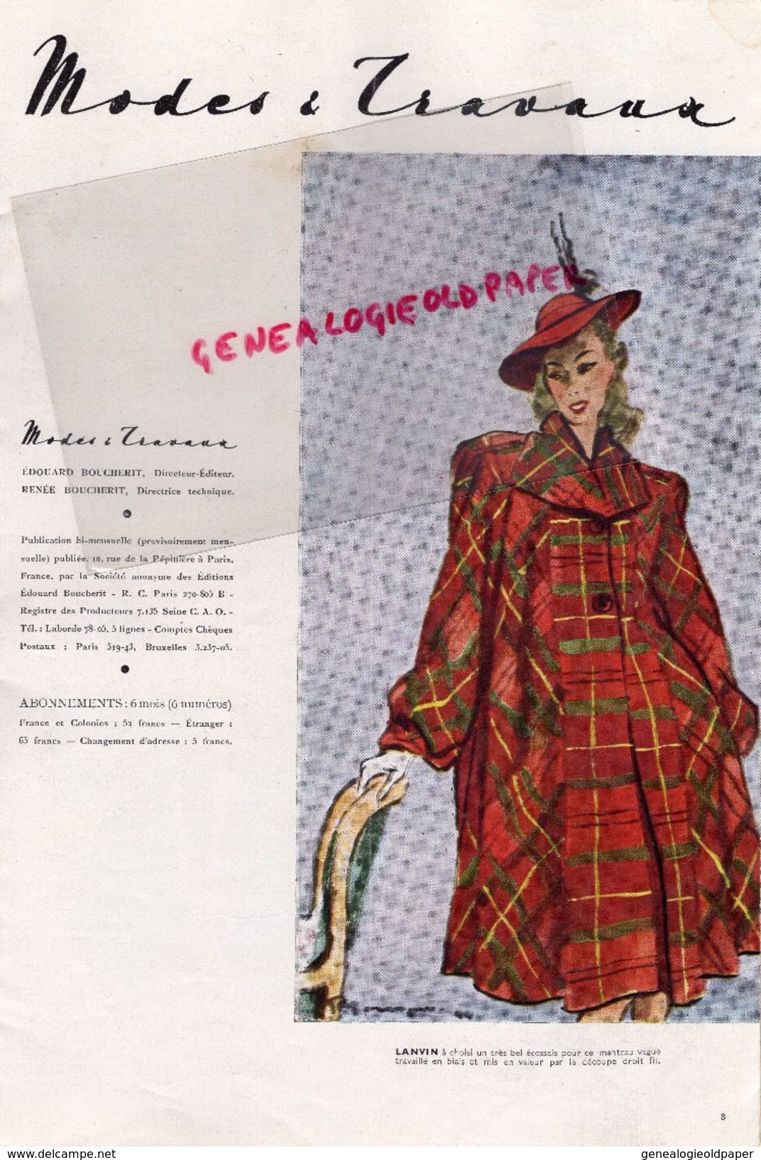 REVUE MODES & TRAVAUX- JANVIER 1945- N° 541- LANVIN-GUERRE 1939-1945-DRAPEAU-  MODE - Mode