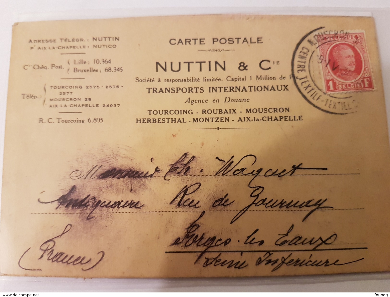 CPA 59 CARTE POSTALE NUTTIN TOURCOING MOUSCRON AVIS EXPEDITION + TIMBRE FISCAL - Transport