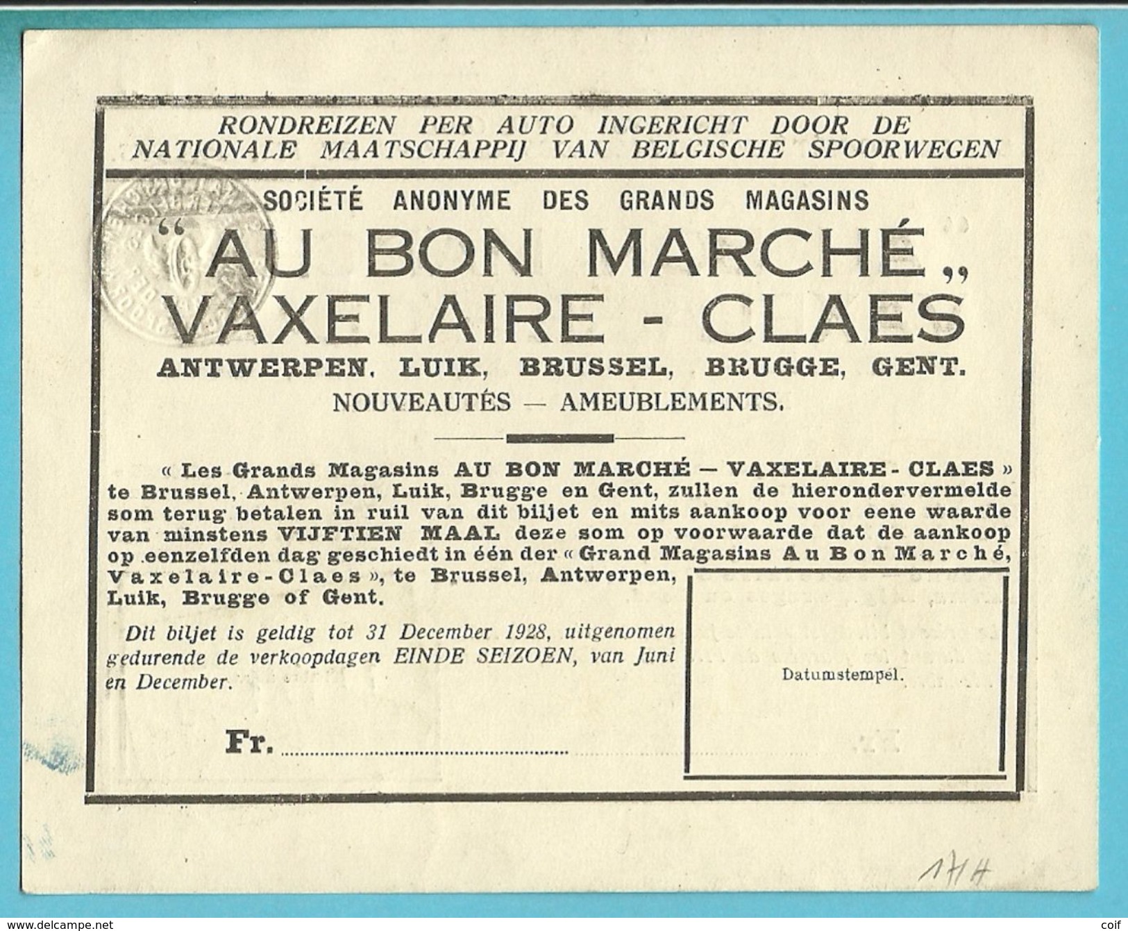 Billet CIRCUITS AUTOMOBILES .. CHEMIN DE FER Met Spoorwegstempel BRUXELLES NORD / RECETTES Op 10/7/28 - Altri & Non Classificati