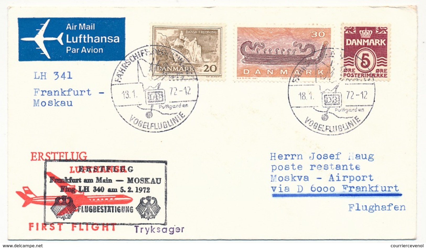 DANEMARK - Enveloppe Premier Vol Lufthansa -Francfort => Moscou 1972 - Luchtpostzegels