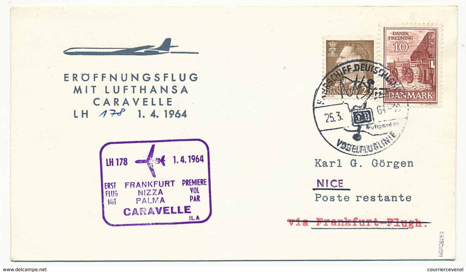 DANEMARK - Enveloppe Premier Vol Par Caravelle Francfort => Nice => Palma - 1/4/1984 - Poste Aérienne