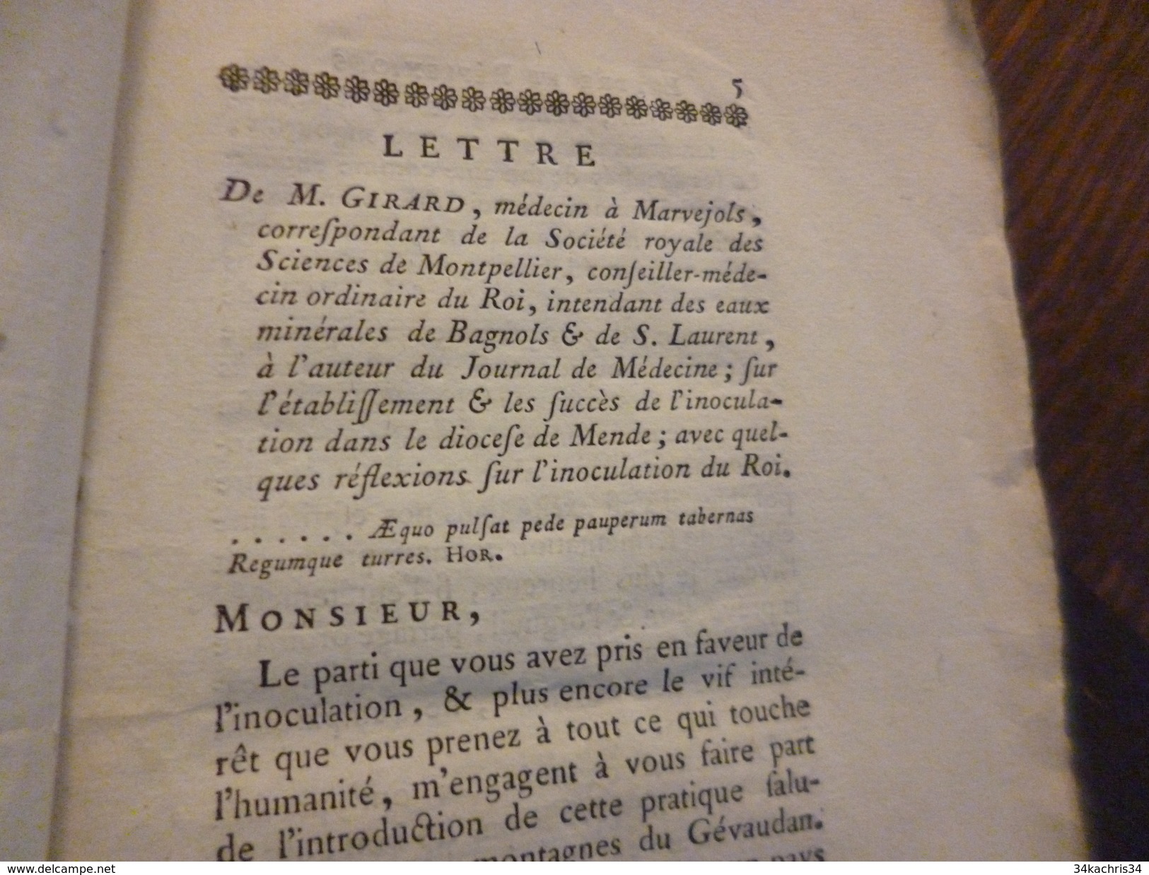 Extrait Journal De Médecine Chirurgie Pharmacie A.Roux 1774 A Propos De L'Inoculation Dans Le Gévaudan Lozère Girard - 1701-1800