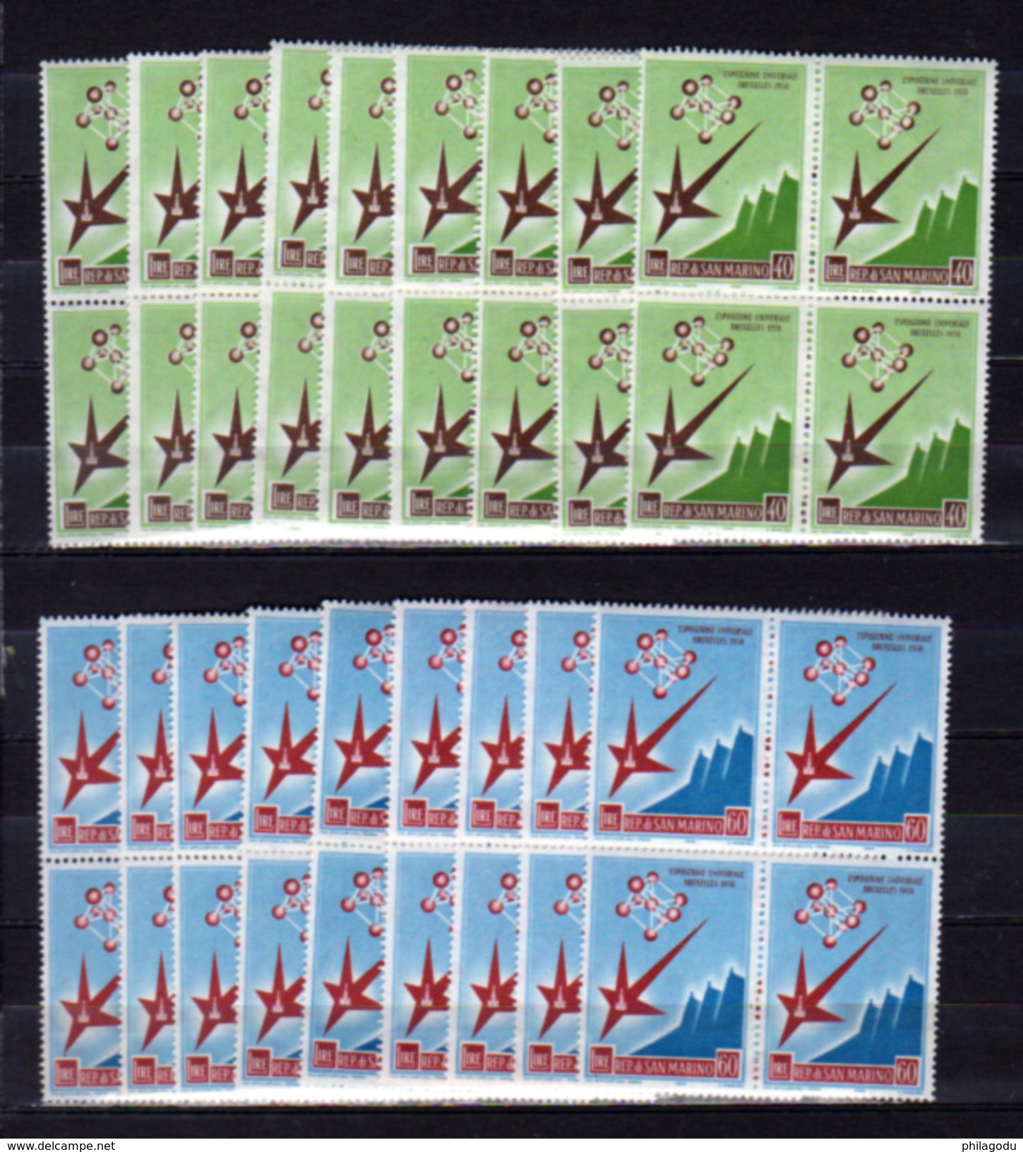 1958  Saint-Marin,  9 X  447 / 448**en Blocs De 4 **, Cote 45 €, Expo Bruxelles - 1958 – Brussel (België)