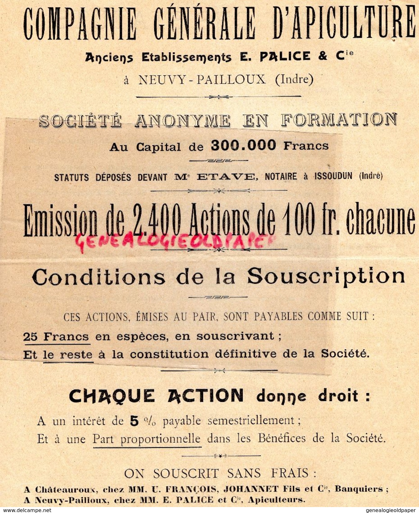 36 - NEUVY PAILLOUX-EXTRAITS STATUTSCOMPAGNIE GENERALE EMILE PALICE- APICULTURE MIEL-ABEILLES- ME ETAVE ISSOUDUN- - Agriculture