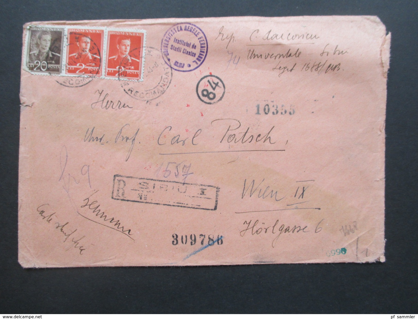 Rumänien 1943 Zensurbeleg/R-Brief Sibu-Wien. Viele Vermerke / Mehrfachzensur Der Wehrmacht! Institutul Da Studil Clasico - Cartas De La Segunda Guerra Mundial