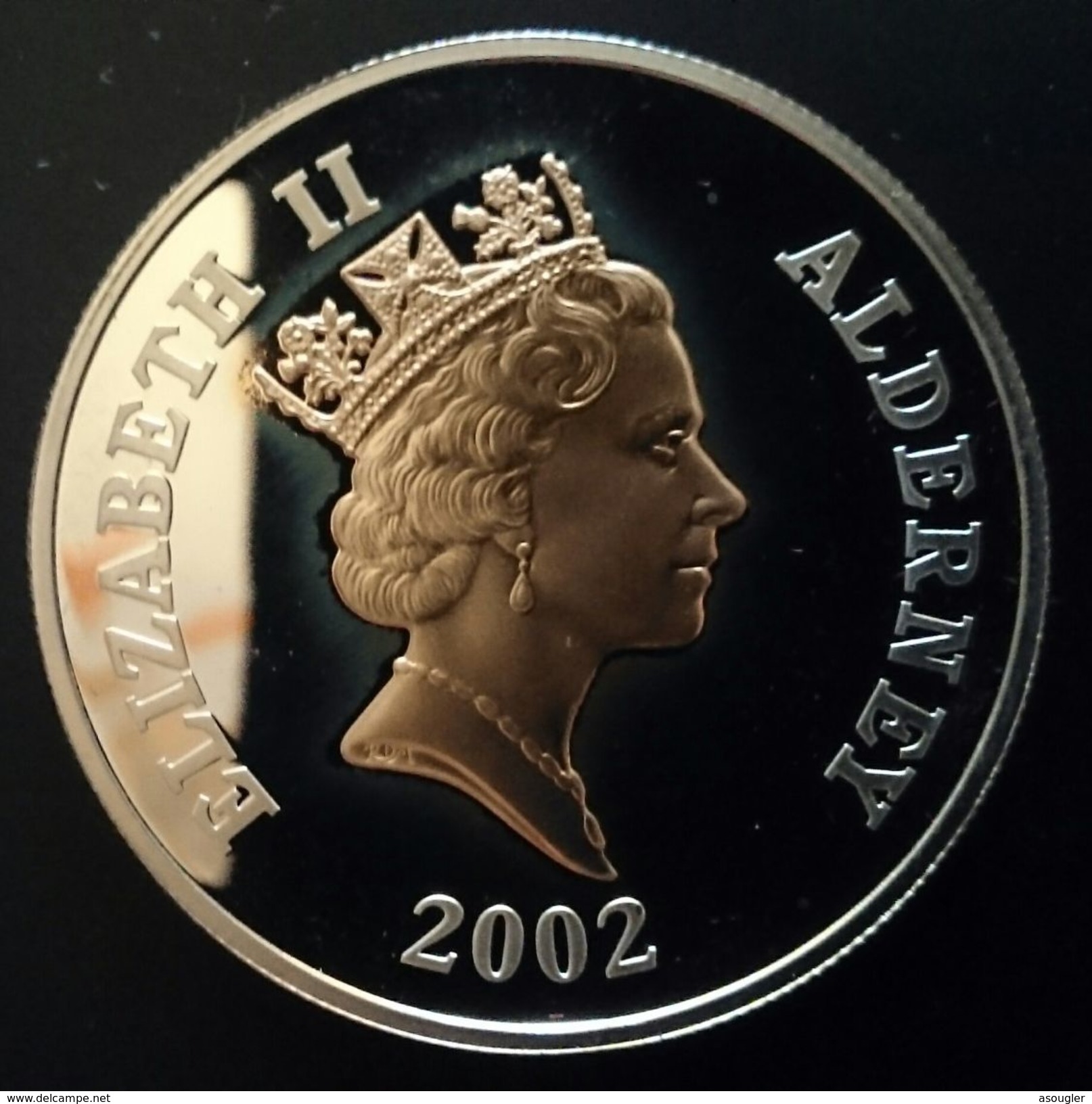 ALDERNEY 5 POUNDS 2002 SILVER PROOF "Queen Elizabeth II - 50 Years Of Reign" (free Shipping Via Registered Air Mail) - Iles Anglo-normandes