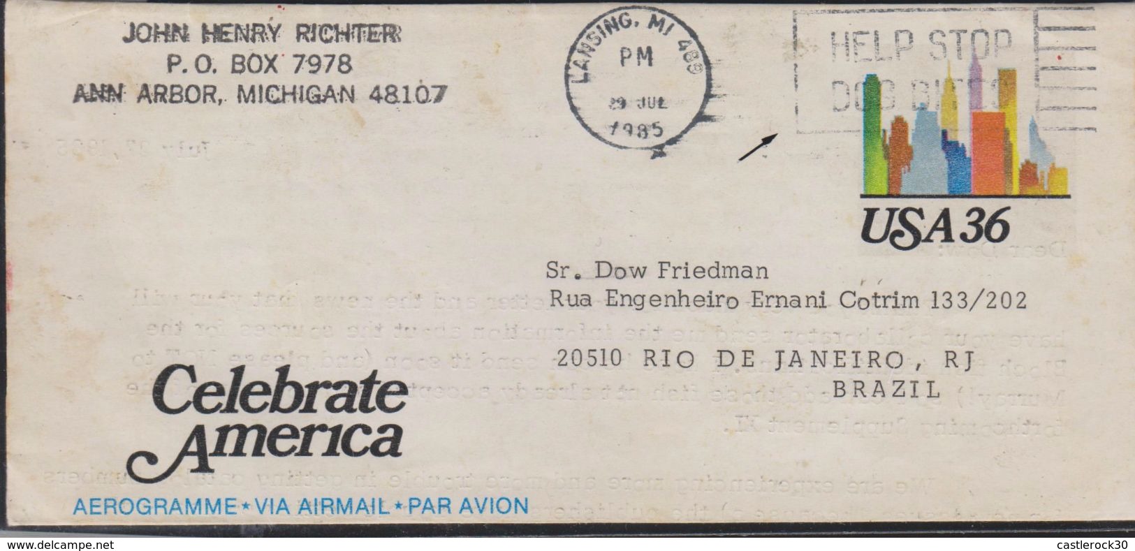 O) 1985 UNITED STATES - USA, URBAN SKYFINE -HELP STOP DOD BITES, CELEBRATE AMERICA, AEROGRAMM , FORM LANSING, TO BRAZIL - Autres & Non Classés