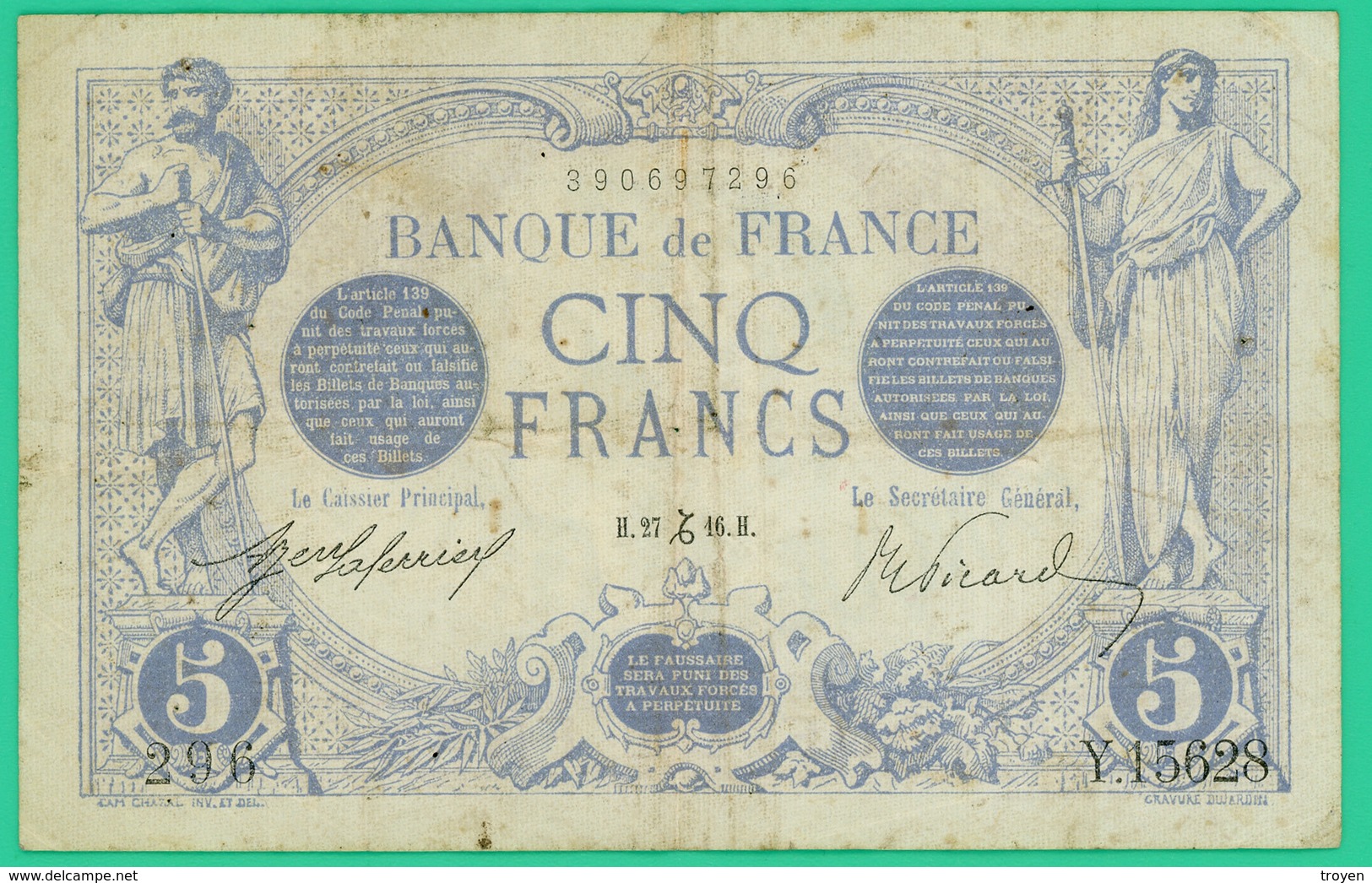 5 Francs  Bleu - France - N° 296/Y.15628 - H 27 Dec 1916 - TB+ - - 5 F 1912-1917 ''Bleu''