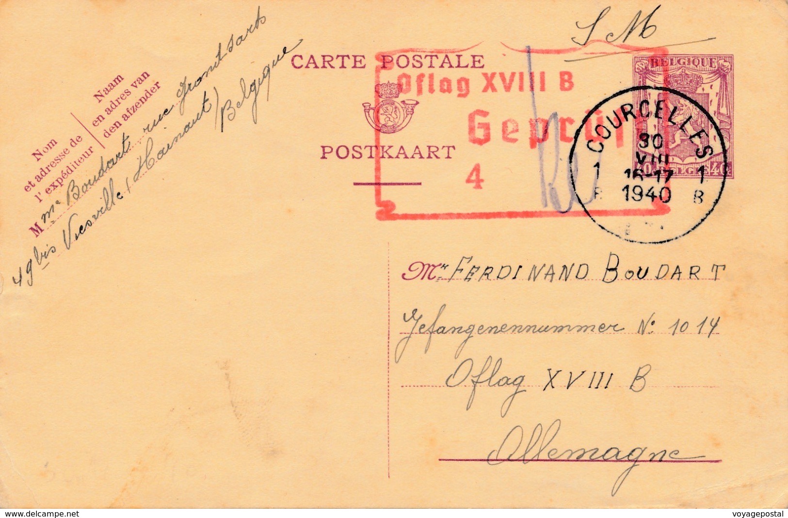 Entier Postal Courcelles Belgique Oflag XVIII B 1940 - Weltkrieg 1939-45 (Briefe U. Dokumente)