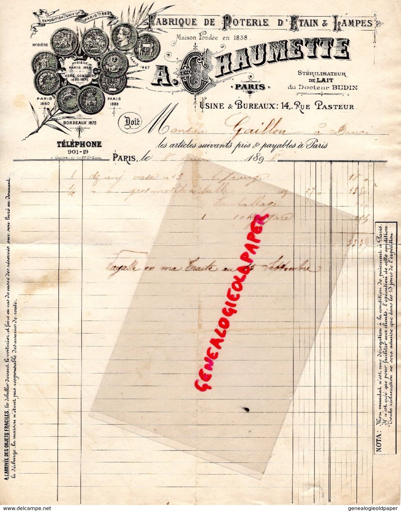 75-PARIS-RARE FACTURE 1898-A. CHAUMETTE-FABRIQUE POTERIE ETAIN & LAMPES-STERILISATEUR  LAIT DOCTEUR BUDIN-14 RUE PASTEUR - 1800 – 1899