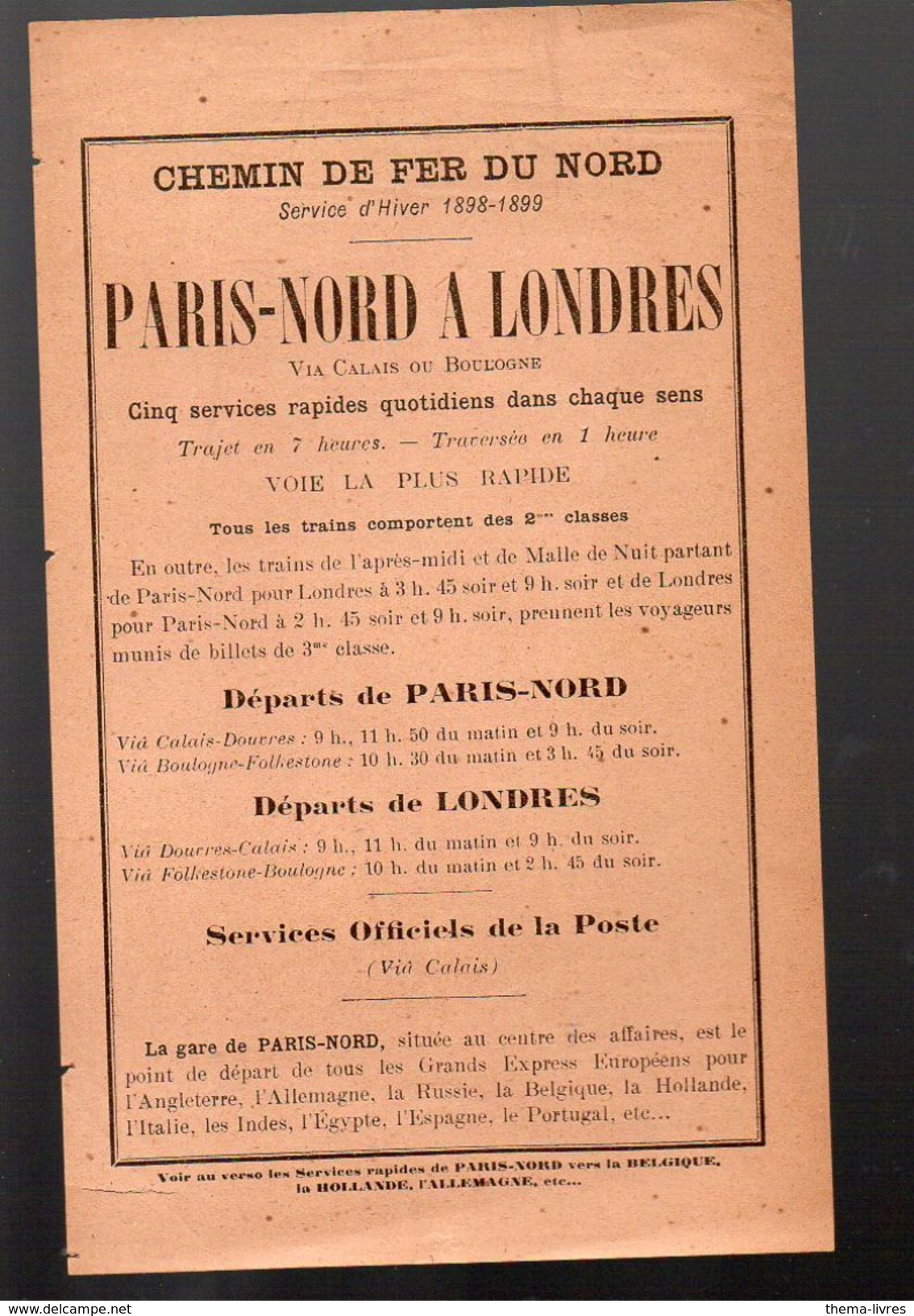 Prospectus PARIS NORD A LONDRES  1898-99 (PPP6274) - Europe