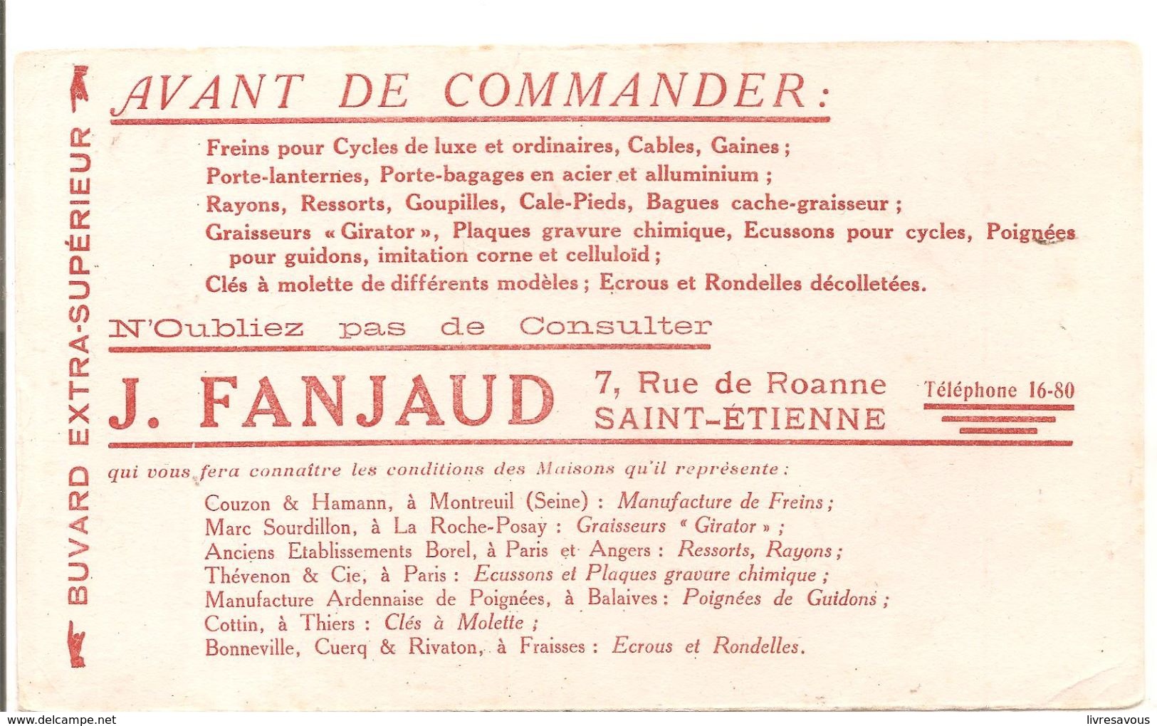 Buvard J.JANJAUD 7, Rue De Roanne à Saint-Etienne Freins Pour Cycles De Luxe Et Ordinaire - Moto & Vélo