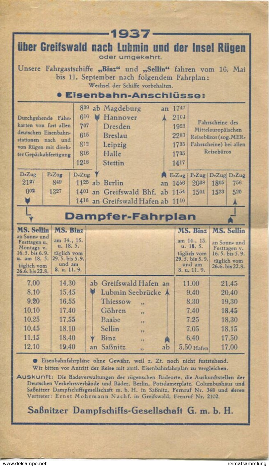 Deutschland - Saßnitzer Dampfschiffs-Gesellschaft GmbH - Sellin - Fahrplan 1937 - Europa