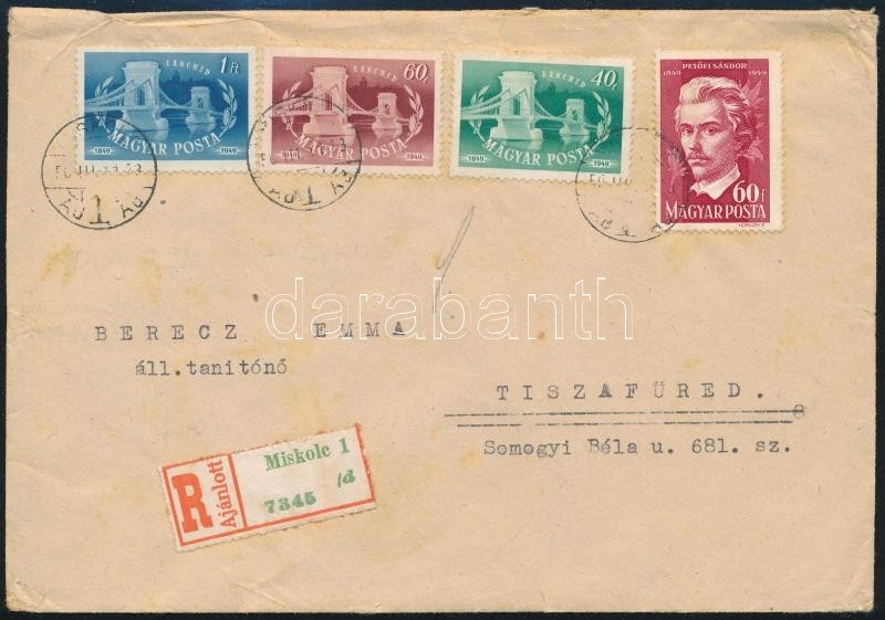 1950 Ajánlott Levél Petőfi és Lánchíd Vegyes Bérmentesítéssel / Registered Cover - Autres & Non Classés