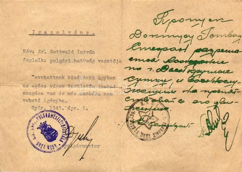 1945 Győr, A Polgármester (Dr Velsz Aladás) által Aláírt Szabad Mozgásra Jogosító Magyar-orosz Kétnyelvű Igazolvány / Hu - Non Classés