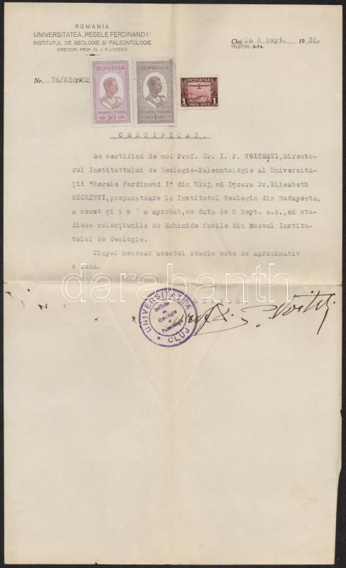 1932 Ion Popescu-Voiteşti Román Tudós Aláírt Igazolása Szörényi Erzsébet (1904-1987) Geológusnak Borítékkal / Autograph  - Autres & Non Classés