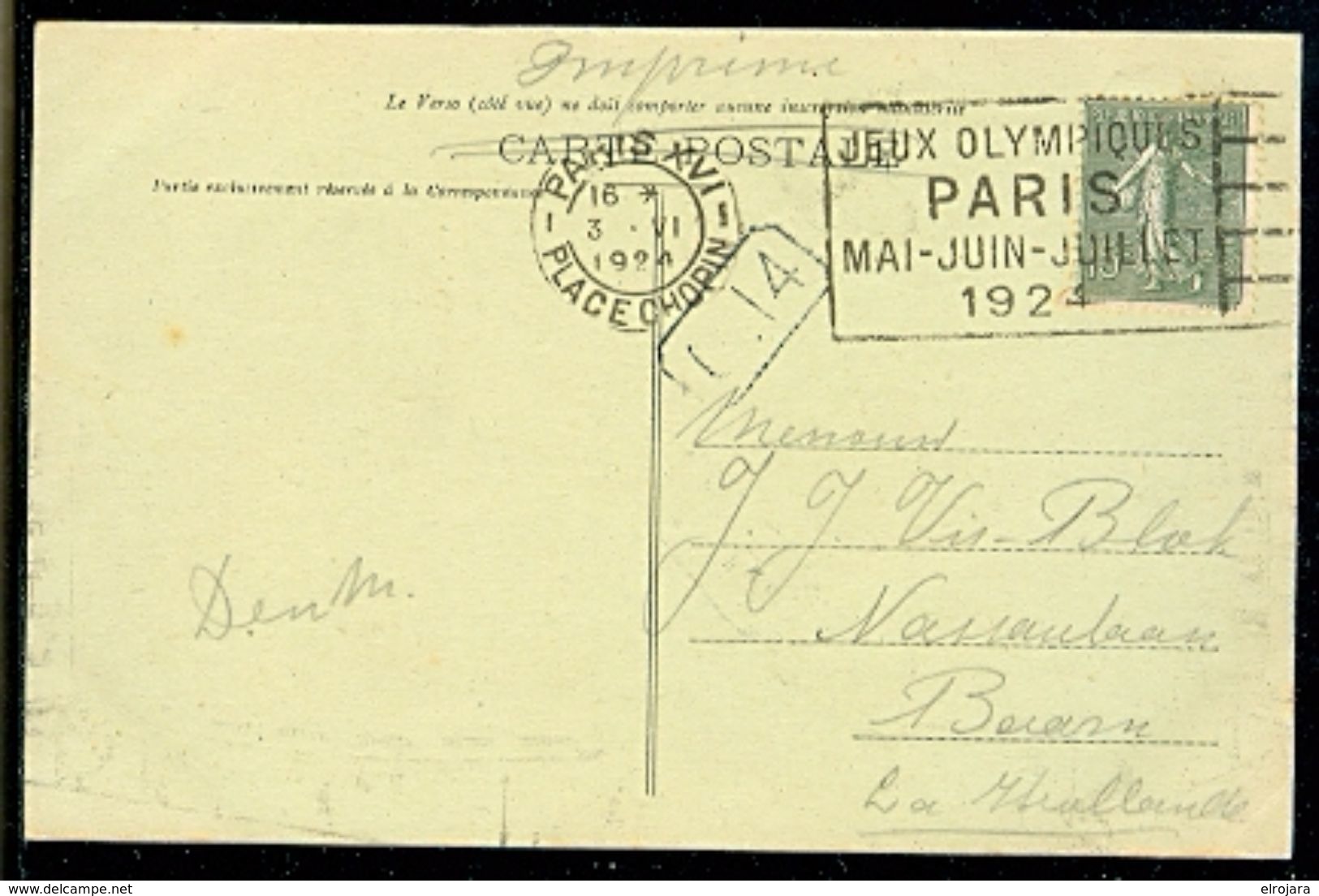 FRANCE Olympic Machine Cancel Paris XVI Place Chopin On Postcard To The Netherlands Of 3 VI 1924 - Summer 1924: Paris