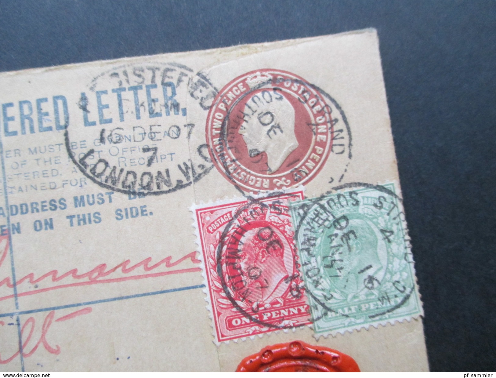 GB 1907 R-Brief Mit Siegel Stanley Gibbons. London W.C. 52 No. 382. Nach Fürth. Social Philately. Schiffspost - Briefe U. Dokumente