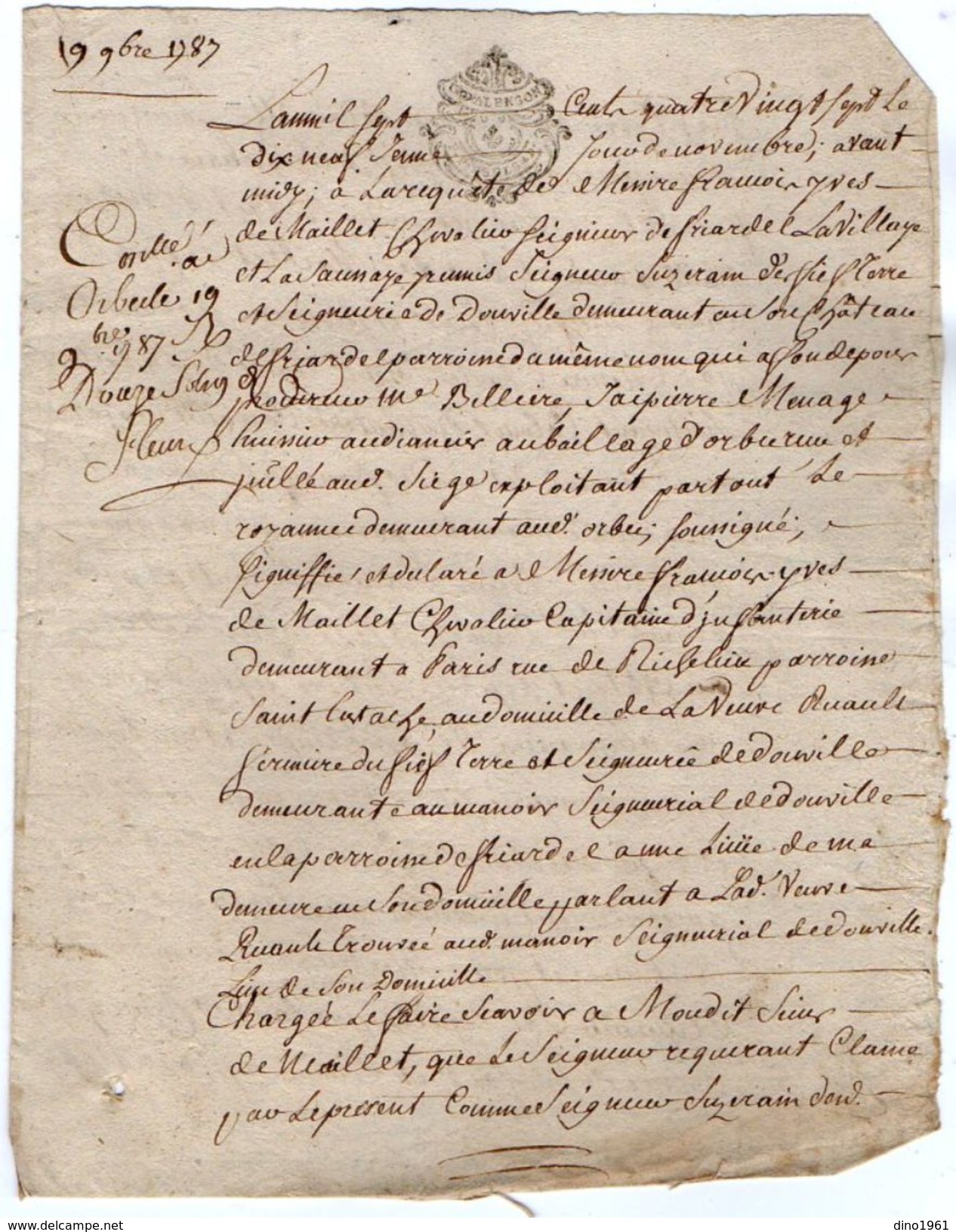 VP11.443 ALENCON - Acte De 1787- Entre Mrs De MAILLET Chevalier Seigneur De FRIARDEL & DOUVILLE Contre Le Comte De PALLU - Gebührenstempel, Impoststempel