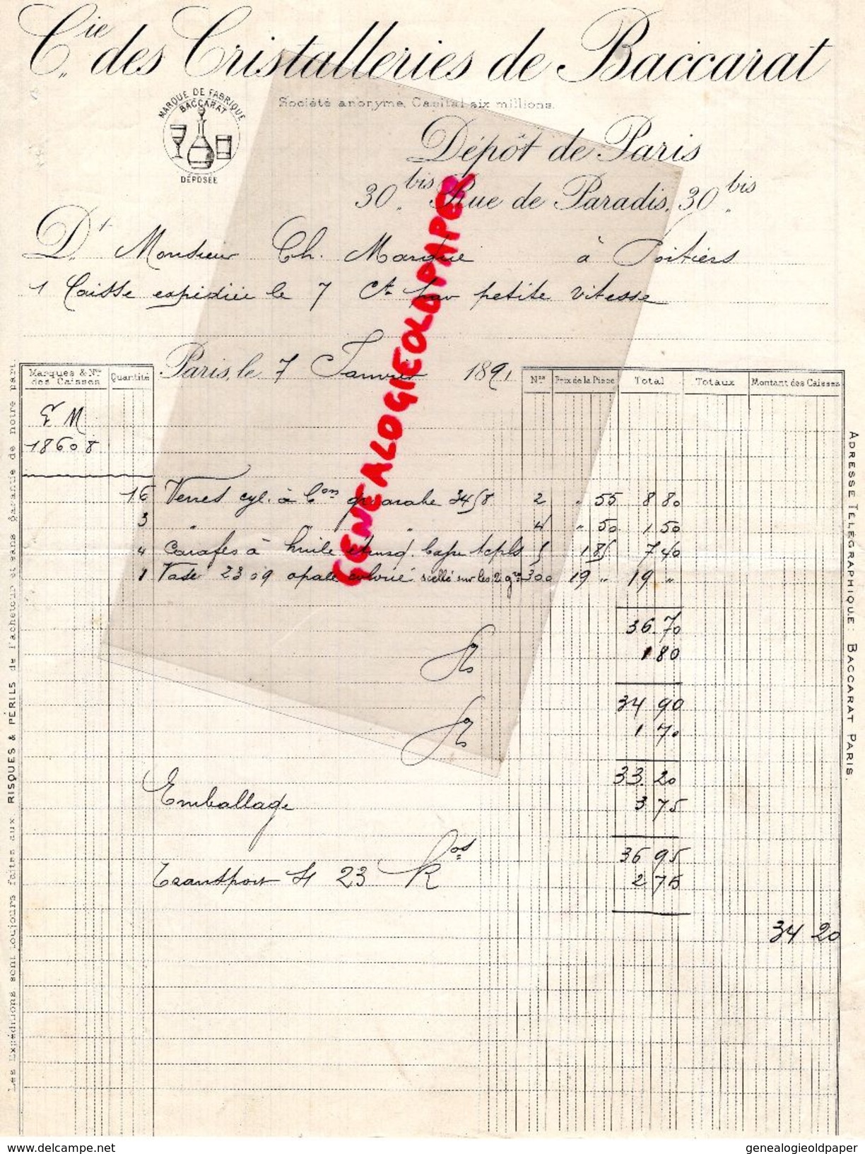 75-PARIS- FACTURE 1890- CRISTALLERIES DE BACCARAT- DEPOT 30 BIS RUE PARADIS- CRISTAL - 1800 – 1899