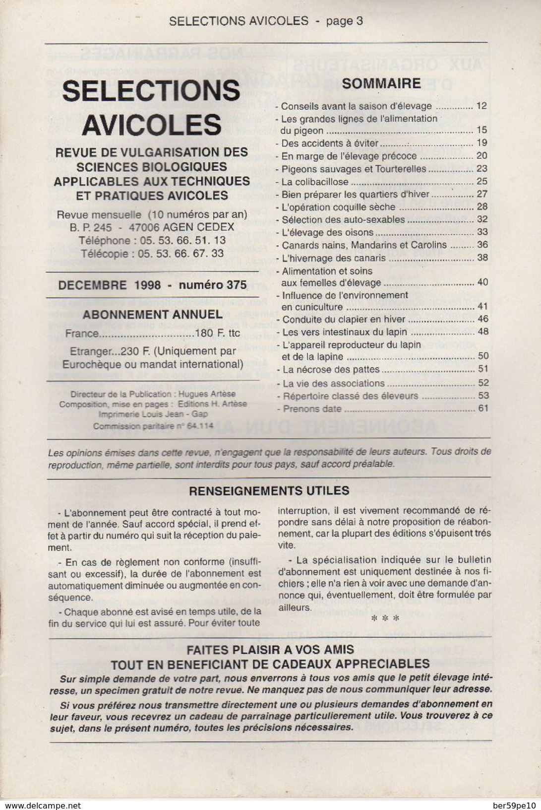 SELECTIONS AVICOLES AVICULTURE COLOMBICULTURE CUNICULTURE DECEMBRE 1998  No 375 - Animaux