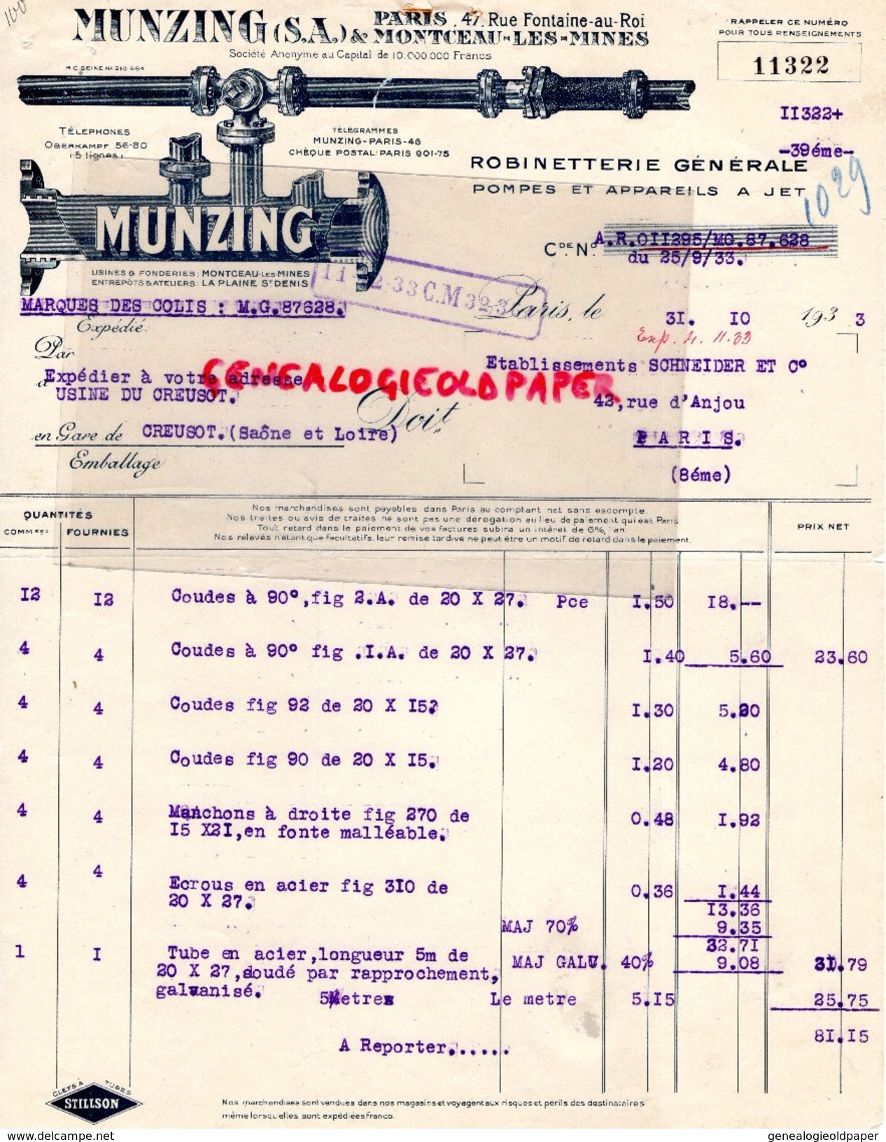 75- PARIS-MONCEAU LES MINES- LA PLAINE SAINT DENIS-FACTURE MUNZING -ROBINETTERIE POMPES -SCHNEIDER USINE DU CREUSOT-1933 - Ambachten