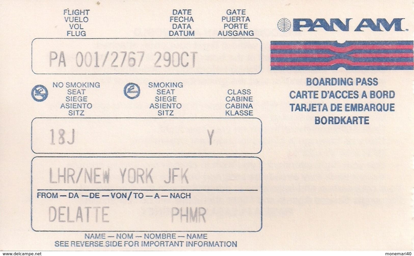 PAN AM - LONDON-NEW YORK  - CARTE D'ACCES A BORD - PHILIPPE - 3. - World