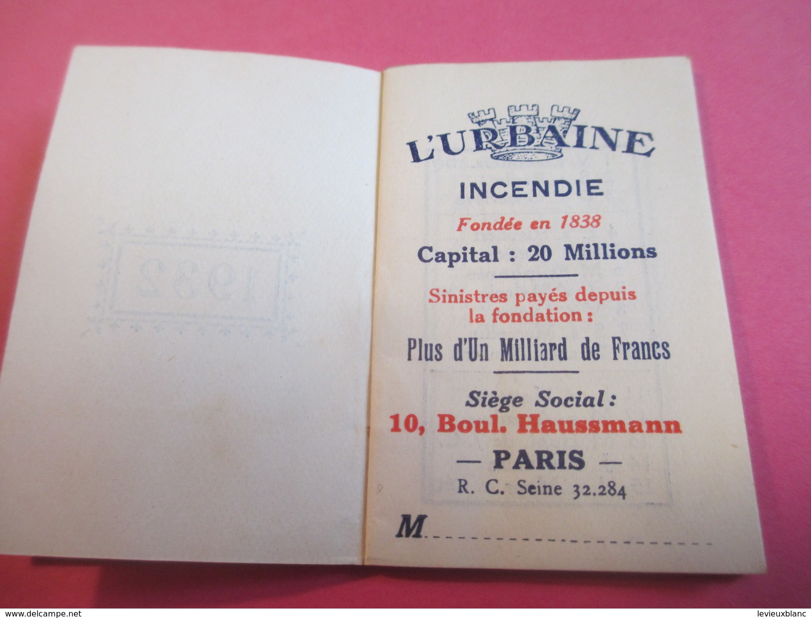 Mini Calendrier - Carnet / L'URBAINE/ Cie D'ASSURANCES/Incendie/Bd Haussmann Paris/ 1932             CAL376 - Sonstige & Ohne Zuordnung