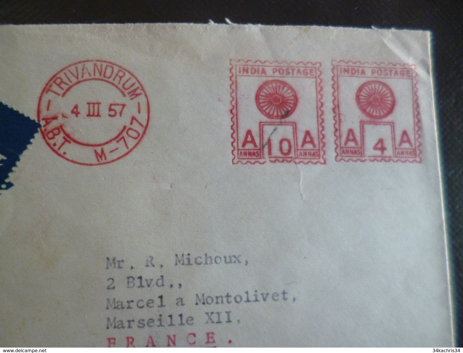 Lettre Inde India  EMA Rouge Par Avion Via Air Mail 4/03/1957 Trivandrum Pour Marseille - Lettres & Documents