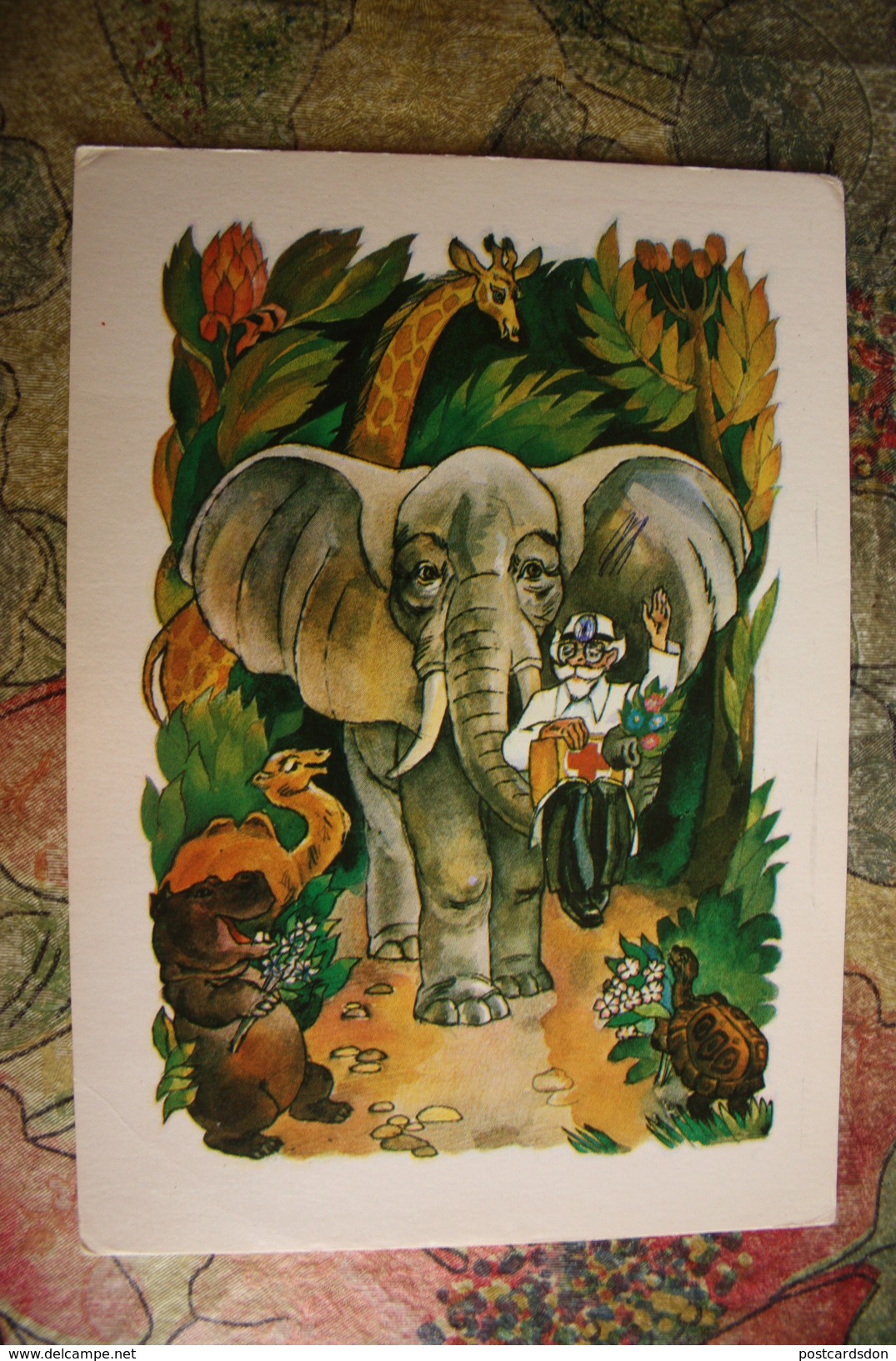 Old USSR Postcard. "Doctor Doolittle". Hippo. 1985 - Elephant - Turtle - Flusspferde
