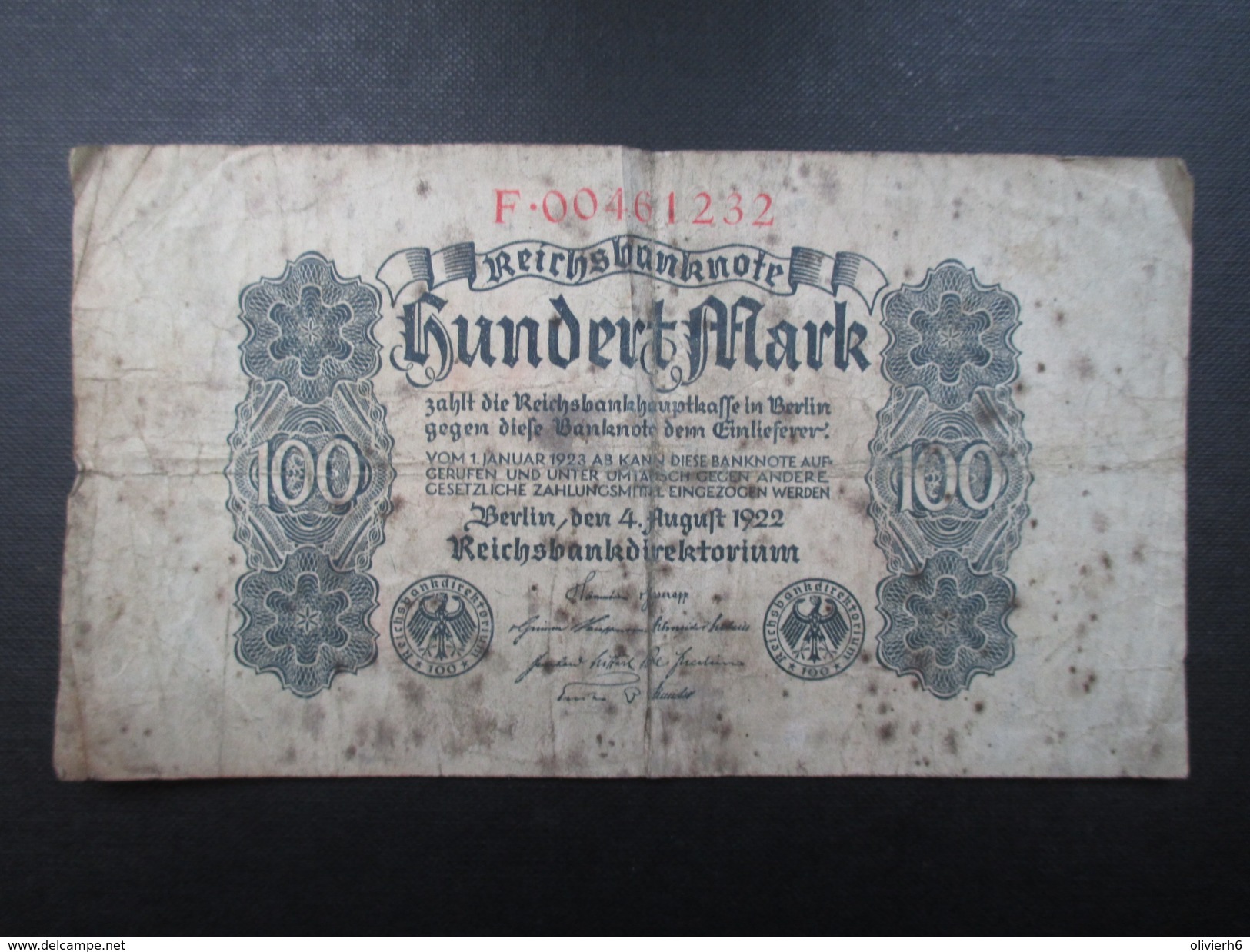 BILLET REICHSBANKNOTE (V1719) 100 HUNDERT MARK (2 Vues) BERLIN 04/08/1922 - 100 Mark