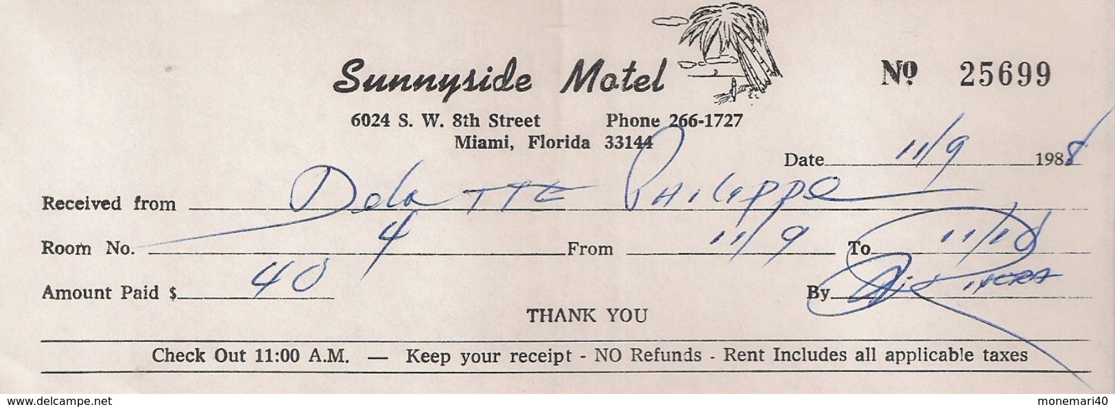 MIAMI (FLORIDA) - SUNNYSIDE MOTEL (rECEIPT) - Estados Unidos