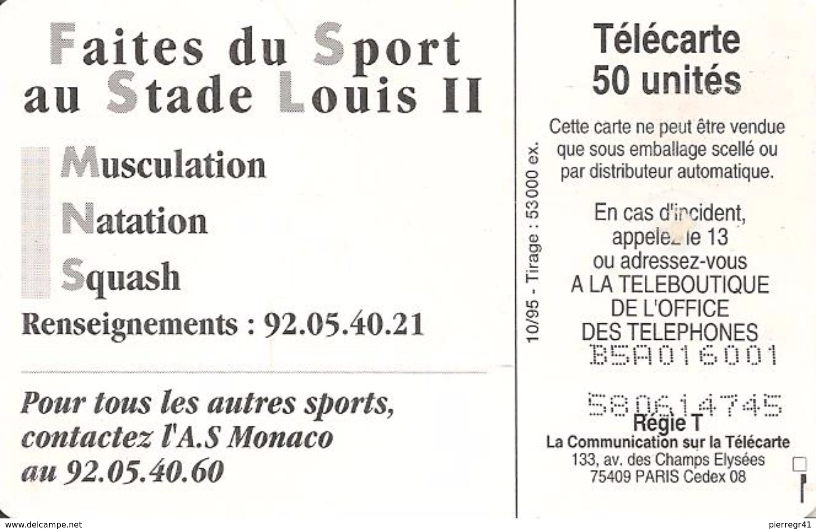 CARTE°-PUBLIC-MONACO-50U-MF37-GEM B-010/95-STADE LOUIS II-Série 6001- UTILISE-BE - Monaco