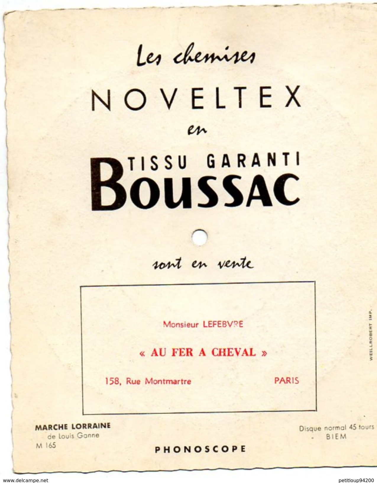 *PLAQUE PUBLICITAIRE *DISQUE SOUPLE BOUSSAC Noveltex AU FER A CHEVAL 45 Tours PHONOSCOPE  Marche Lorraine LOUIS GANNE - Paperboard Signs