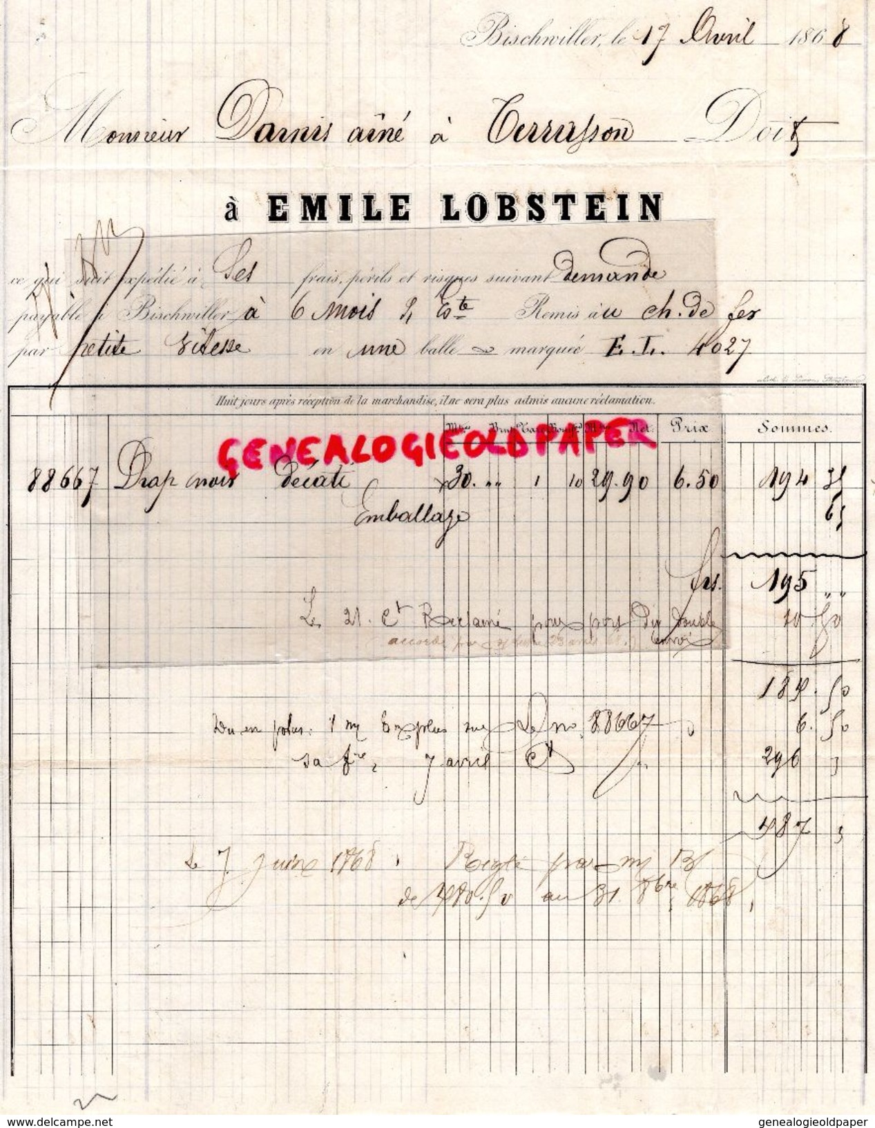 67- BISCHVILLER-BISCHWEILER- RARE LETTRE MANUSCRITE EMILE LOBSTEIN- A DARNIS AINE A TERRASSON-1868 CONFECTIONS DRAPS - 1800 – 1899