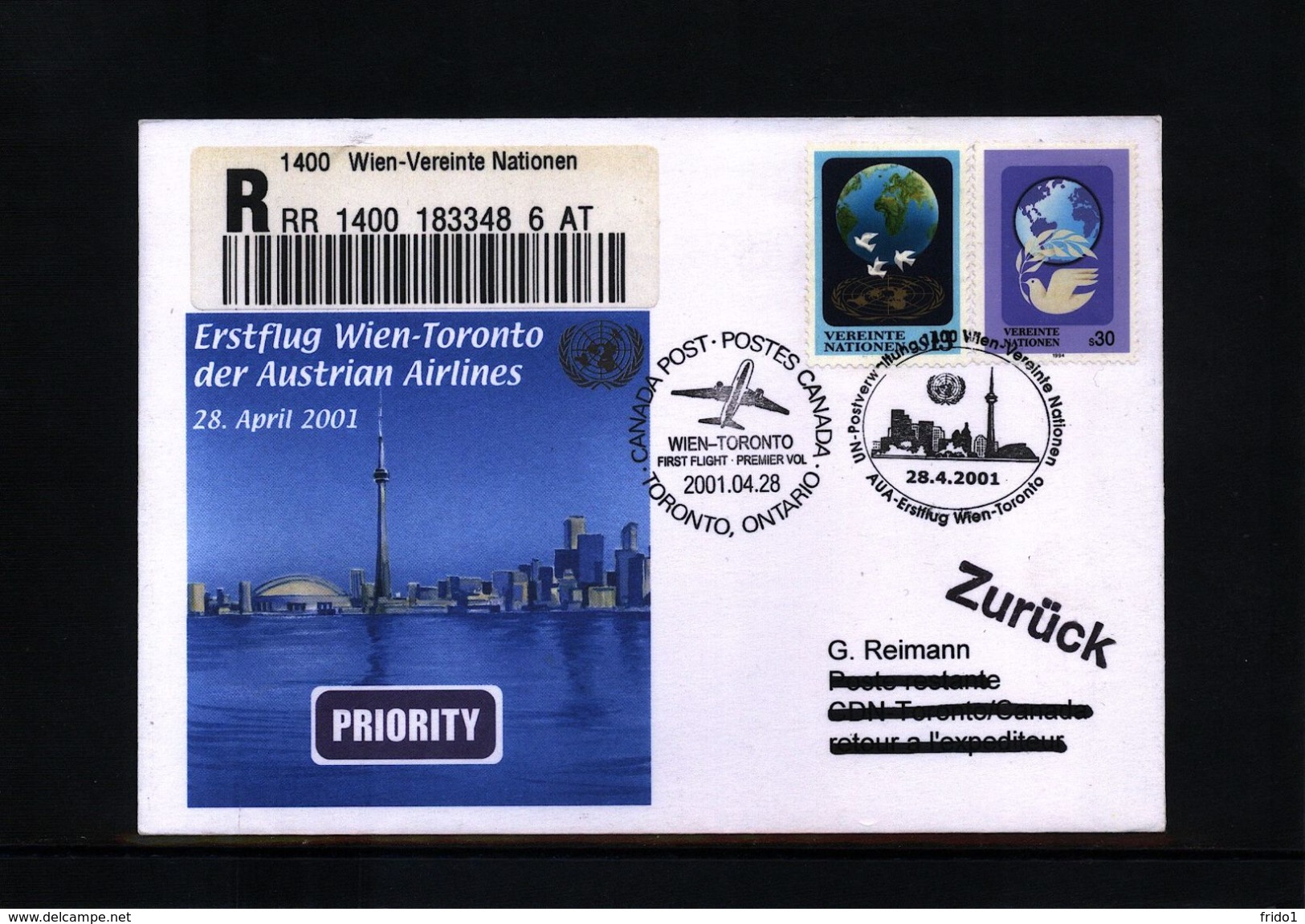 UNO Wien 2001 First Flight Wien-Toronto - Lettres & Documents