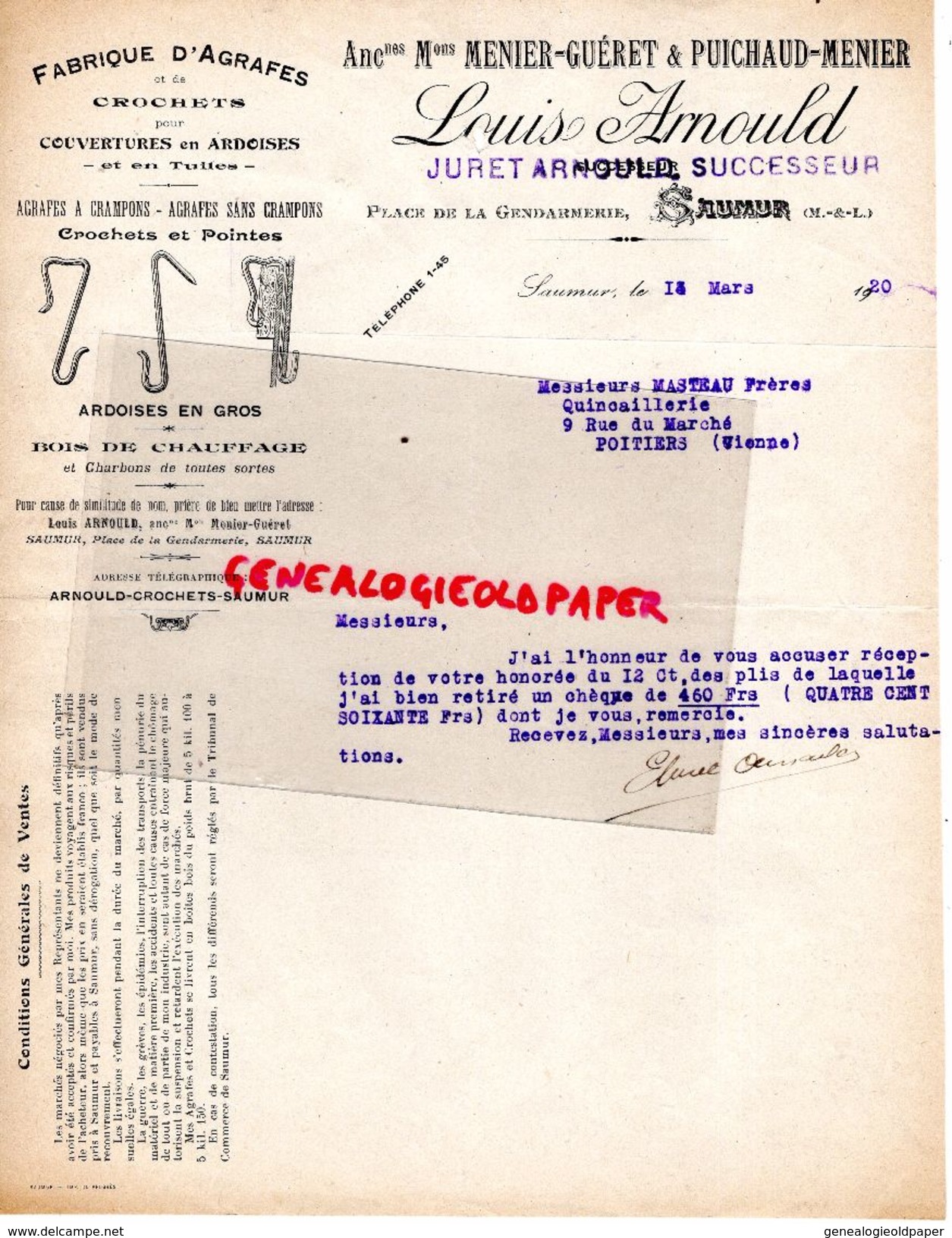 49-  SAUMUR - BELLE FACTURE LOUIS ARNOULD-MENIER GUERET PUICHAUD -FABRIQUE AGRAFES- CROCHETS ARDOISES- PLACE GENDARMERIE - 1900 – 1949