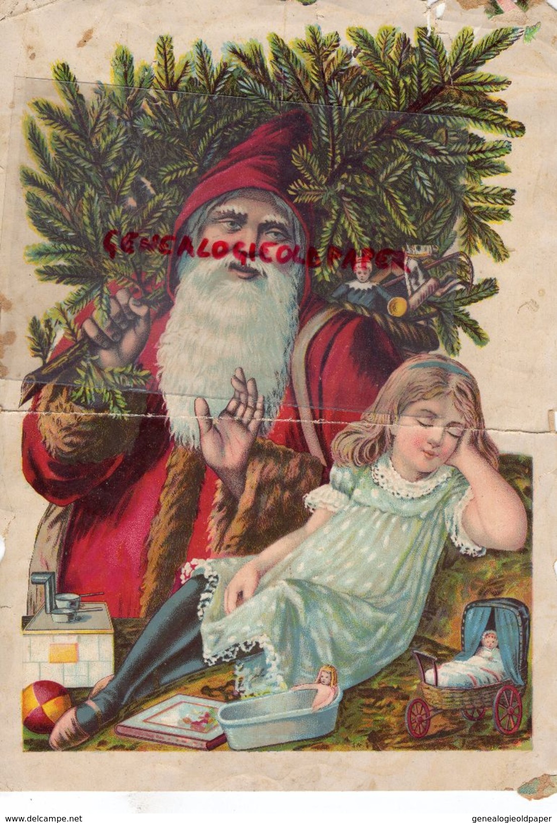 59- VALENCIENNES- RARE GRANDE CHROMO PERE NOEL-ENFANT-JOUETS-POUSSETTE-LANDAU-CHICOREE HENRI FACQ - Autres & Non Classés