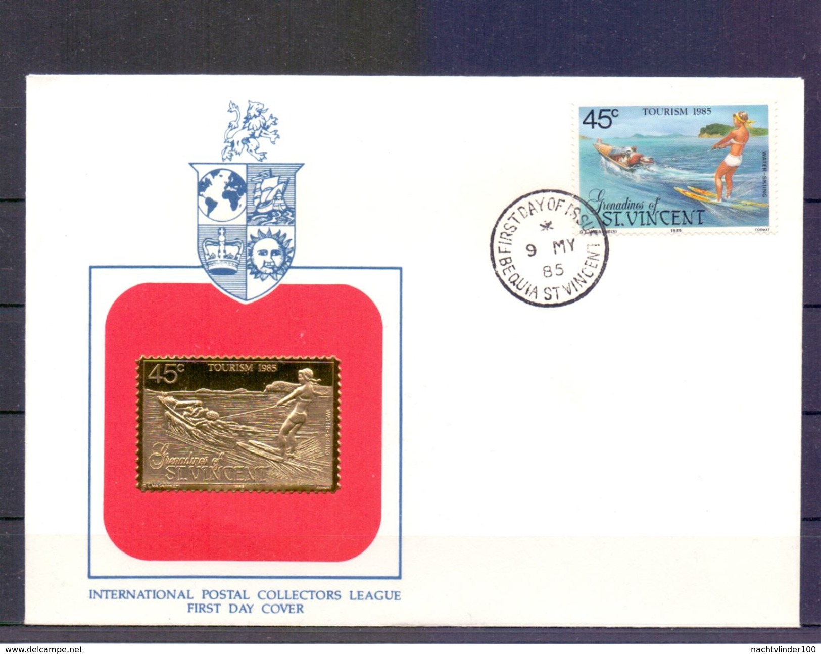 Mit019b WATER SKIING GOUDFOLIE ZEGEL GRENADINES OF VINCENT 1985 FDC # - Sci Nautico